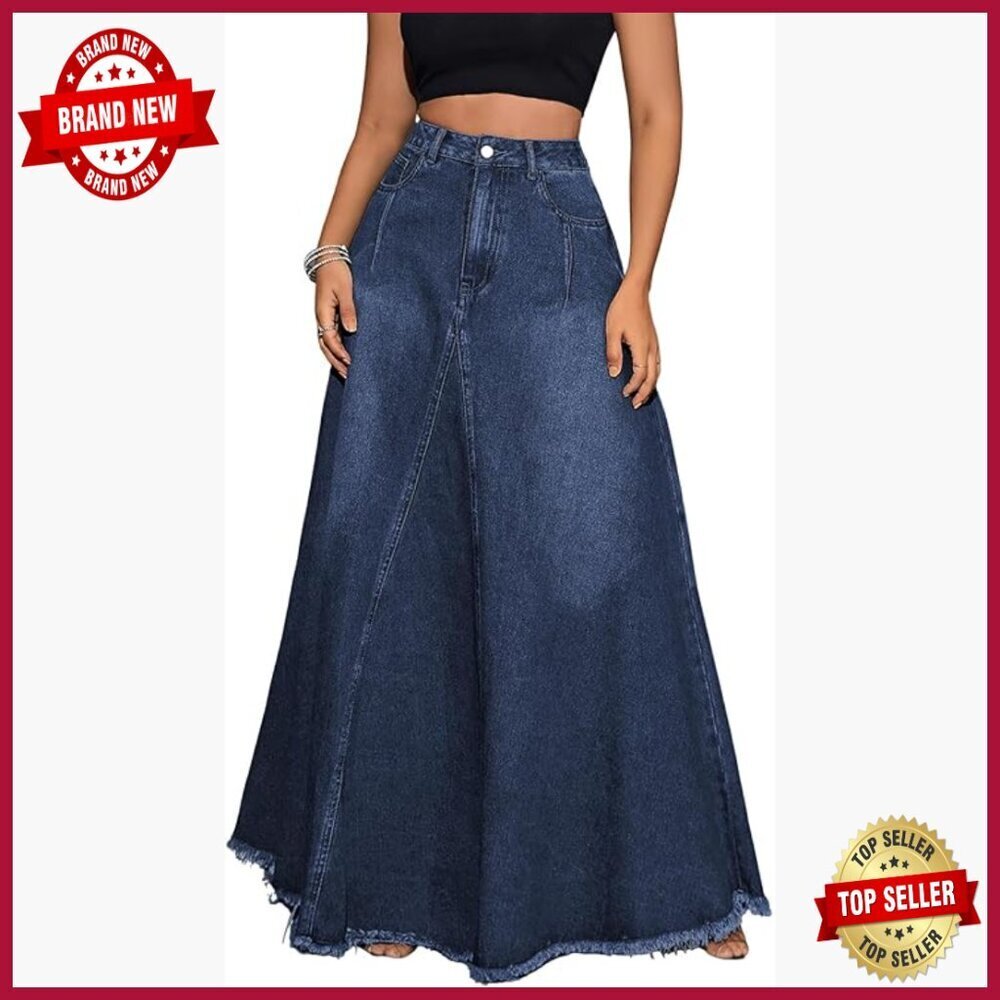 Distressed High Waist Maxi Denim Skirt with Frayed Hem and Pockets